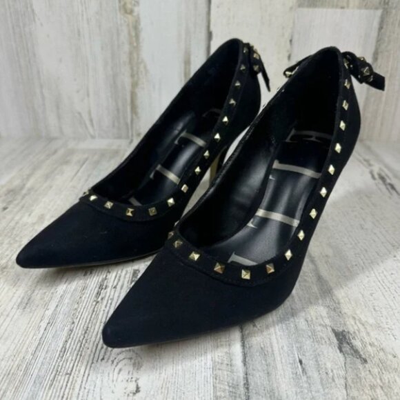 Black Suede Gold Rockstud Heels - Picture 2 of 2